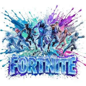 Peut inclure: Une illustration graphique montrant six personnages de Fortnite dans des poses dynamiques sur un fond d'éclaboussures de peinture multicolores. Le mot FORTNITE est écrit en grandes lettres 3D glacées aux tons bleus en bas.