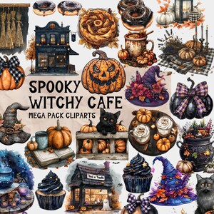 Witchy Cafe Clipart Set: Spooky Fall Scrapbooking Graphics (Digital Download