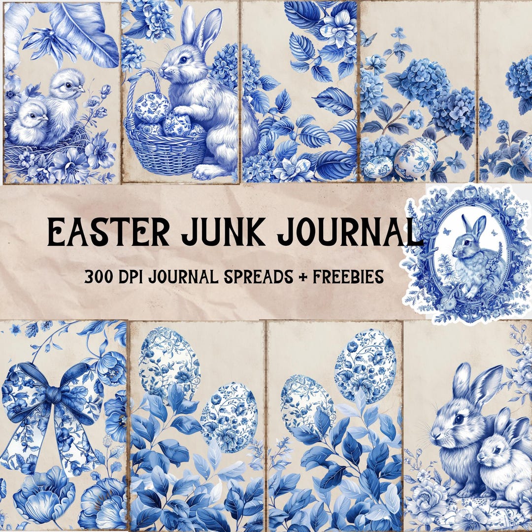 Easter Junk Journal Kit - Vintage Blue Bunny & Floral Ephemera ...