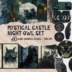 Mystische Nachteule Junk Journal Kit - Druckbare Hexen Seiten, Vintage Ephemera, Grimoire Sternenhimmel, gotische Burg, Fantasie Natur Fussy Cuts