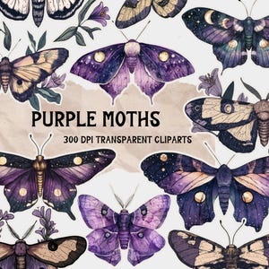 Purple Moth Clipart Bundle PNG, Watercolor Insects Digital Download, Scrapbook Crafting, Gothic Moths Art, Witchy Ephemera Pack., Night Moth