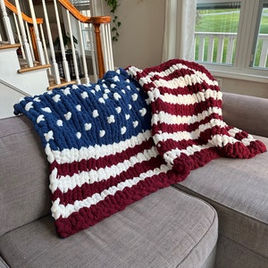 AMERICAN FLAG BLANKET.  Hand-knit. Cotton backing. Super snuggly.