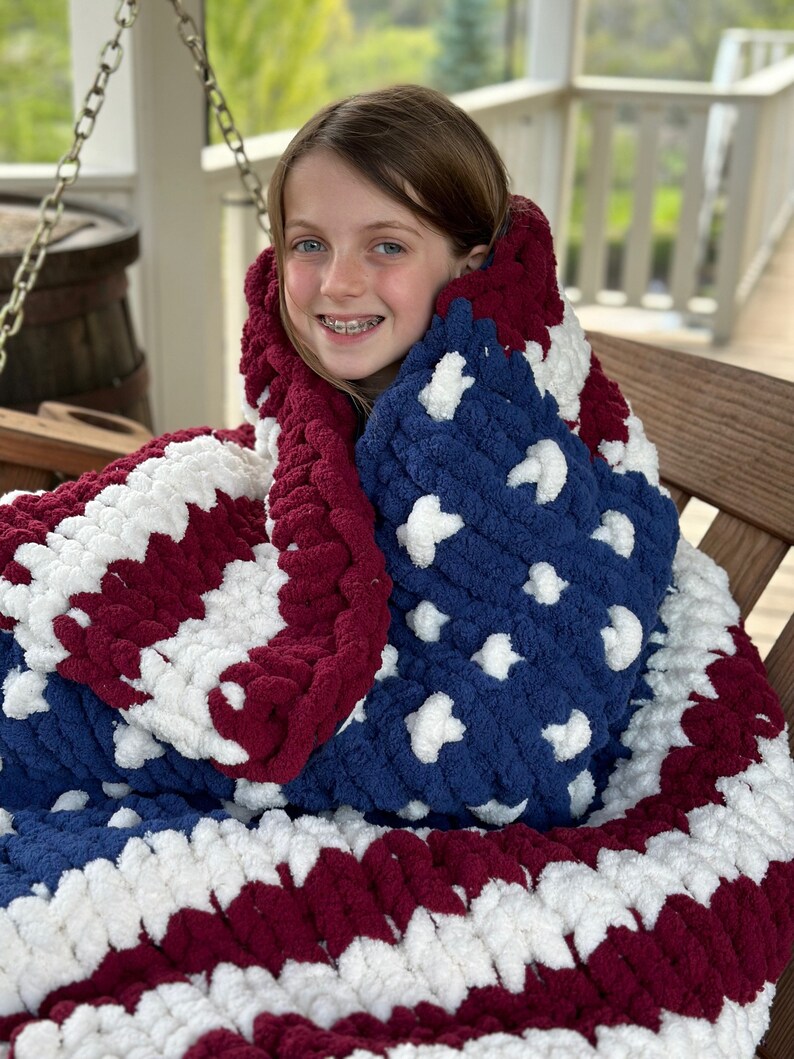 AMERICAN FLAG BLANKET. Handknit. Cotton Backing. Super Etsy