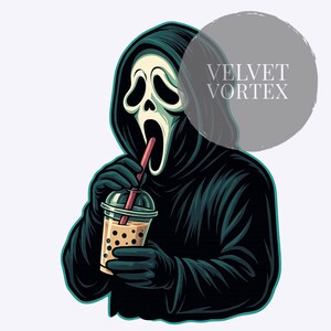 May include: Illustration of the Ghostface killer from the Scream film series drinking bubble tea. The character is in a black hooded robe and mask, holding a bubble tea with a red straw. The text "VELVET VORTEX" is in a grey circle.