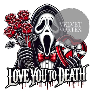 Ti amo fino alla morte San Valentino gotico PNG / Maschera fantasma Killer Clipart / Rose e cuore Arte digitale per abbigliamento, biglietti, tazze e regali