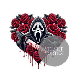 May include: A digital illustration of a Scream mask holding a bloody knife, surrounded by red roses arranged in a heart shape. The design has a horror theme, with blood dripping from the knife and roses.