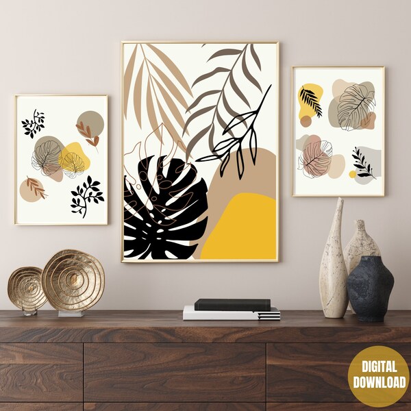 Elegant Floral Wall Art, Cozy Atmosphere, Statement Piece Black and Gold Flower Art, Set Of 3 Botanical, Digital Download, Printable