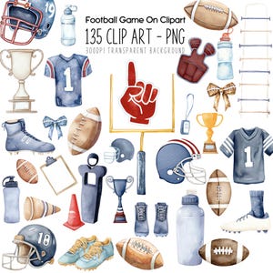 Pode incluir: Conjunto de cliparts em aquarela com ilustrações temáticas de futebol. Inclui capacetes, camisas, bolas de futebol, troféus e uma baliza. O texto diz "Football Game On Clipart" e "135 CLIP ART - PNG".
