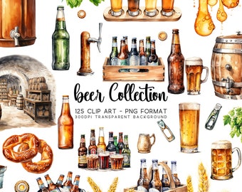 Beer Clipart Label Bundle Set, 125 Beer Clip art PNG JPG, Watercolour, Transparent Background, Scrapbooking, Label Making