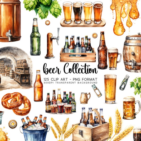 Bier Clipart Label Bundle-Set, 125 Bier Clip art PNG JPG, Aquarell, transparenter Hintergrund, Scrapbooking, Etikettenherstellung