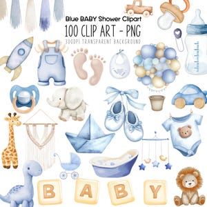 Paquete de acuarelas de clipart para baby shower azul, impresiones para guardería, modernas pero sencillas, imprimibles para fiestas, ideas de regalos para futuros padres, para bebés recién nacidos.