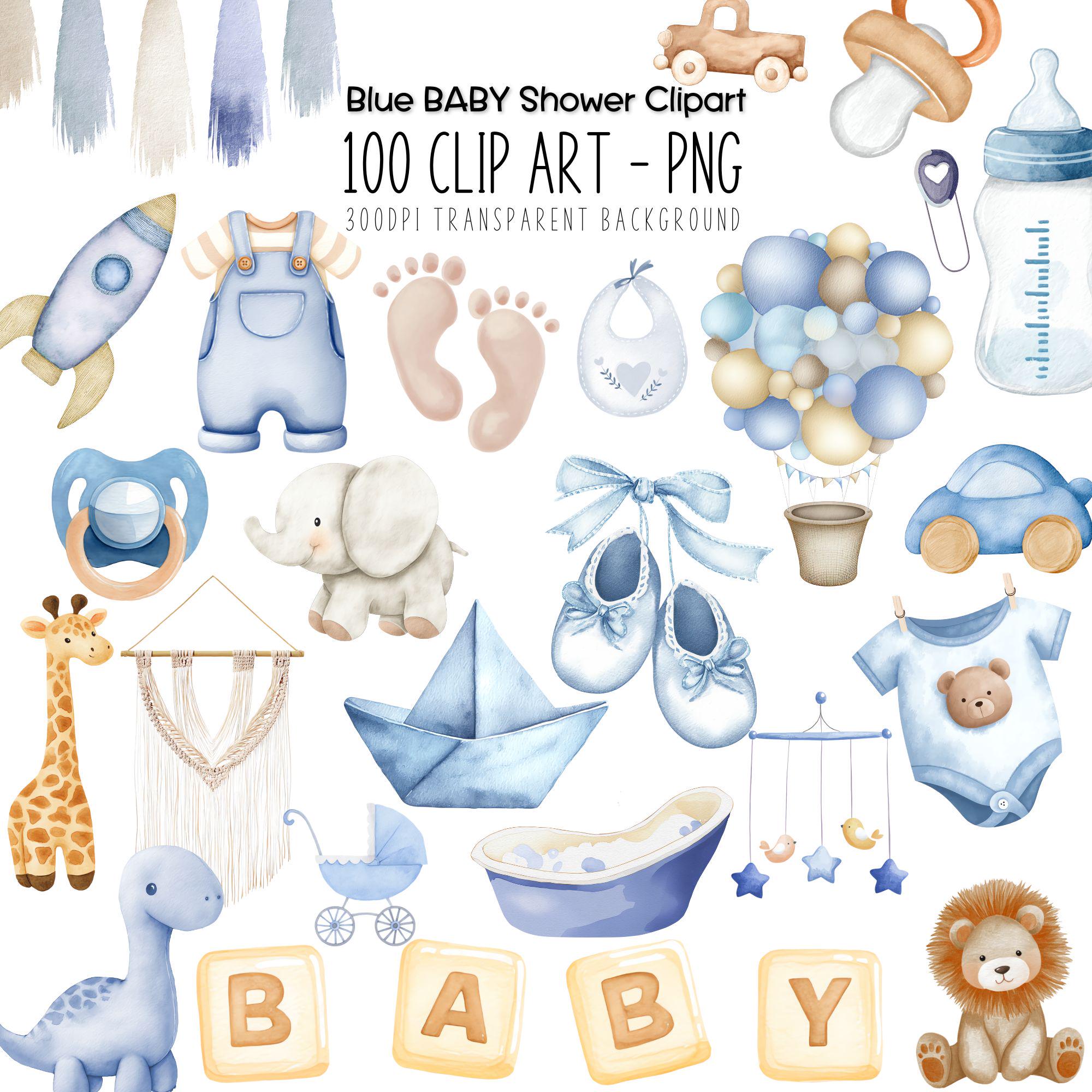 Blue Baby Shower Clipart Bundle: Watercolor PNG Prints (digital ...