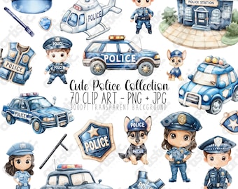 Watercolor Police Clipart Bundle – 70 PNG Images, Nursery & Craft