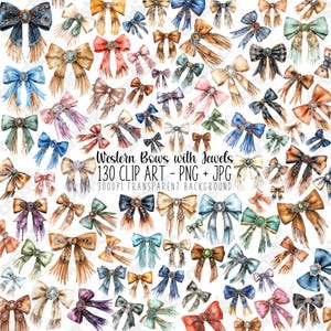 Western Bow Clipart Bundle - Watercolor PNG Bows with Jewels, Coquette Christmas Bow Designs, HTV Sublimation, Cowgirl Gift Idea
