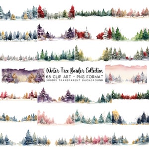 Clipart de bordure de sapin de Noël : lot de cliparts de Noël festif avec un arbre enneigé au format PNG - Image d'arbre de Noël et motifs de bordure saisonnière