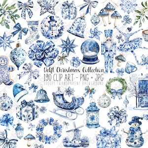 Clipart di Natale Delft – 190 immagini PNG ad acquerello in blu e bianco / Natale cinese con ornamenti, schiaccianoci, regali e altro ancora