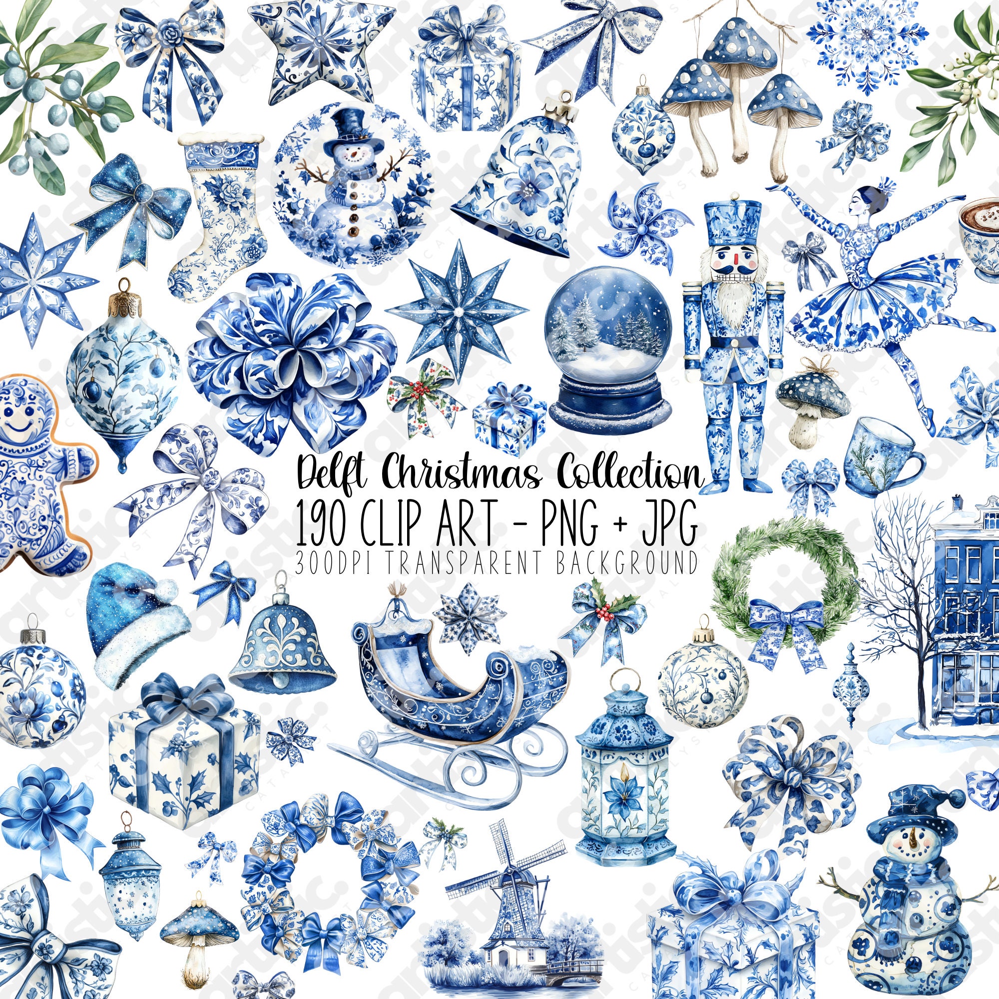 Christmas Delft Clipart: Blue & White Watercolor PNG Images (190) - Etsy