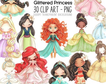 Princess Chibi Clipart Bundle – Glitter Princess PNG, DIY Party Printables