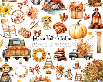 Puede incluir: Una colección de ilustraciones de acuarela con temas otoñales, que incluyen calabazas, girasoles, hojas, un espantapájaros, un camión, una mecedora, una linterna, una bicicleta, una corona, una caravana, una escalera, un letrero de madera, una caja de regalo, una regadera, una manta, un tazón de manzanas y una pila de libros. Las ilustraciones son de estilo rústico y presentan colores cálidos como el naranja, el amarillo, el marrón y el rojo.