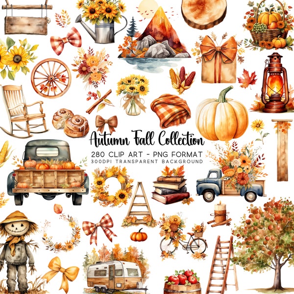 Autumn Clipart and Watercolour Fall Bundle, Fall Leaf Clip art & Sublimation Art PNG, JPG, Theme Clipart Graphics