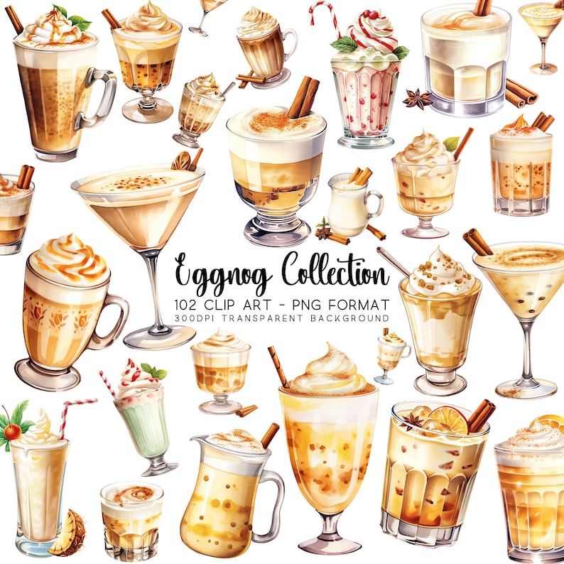 Collage of Eggnog Clipart, Christmas Clip art, and Watercolour Drinks evenly spaced on a white background. Eggnog Sublimation and Vanilla Nog Clip art prominently feature