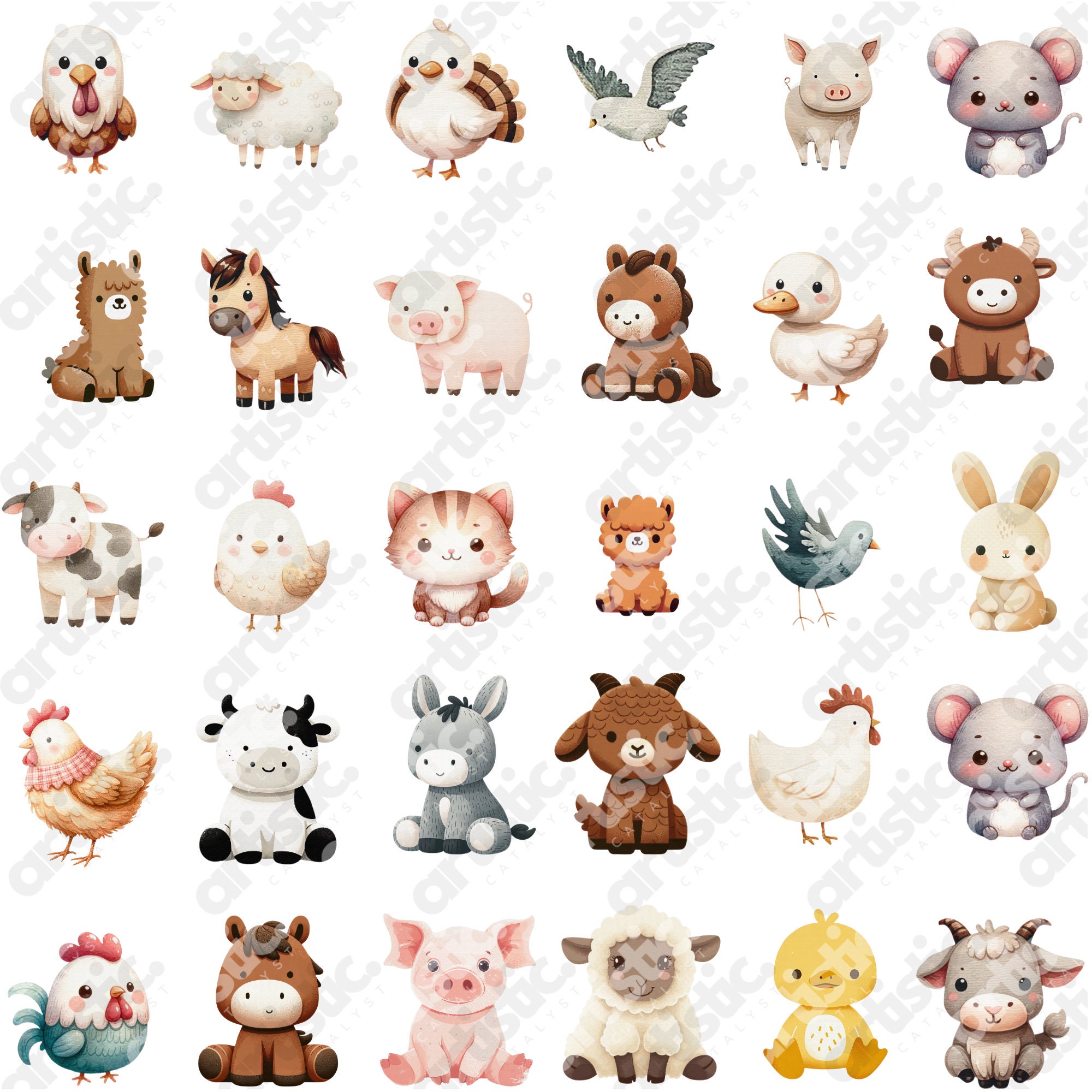 Barnyard Animals Watercolor Clipart Bundle: 200 Farm PNG Images ...