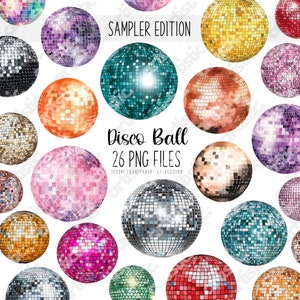 Discobal clipartbundel – aquarel discoballen, groovy retro feestgraphics, glitter verjaardag clipart, vrijgezellendisco, png PNGEgg