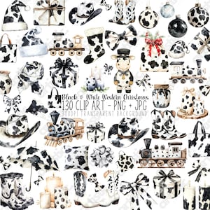 May include: Black and white watercolour Christmas clip art featuring a variety of festive elements, including a cow, a train, a Christmas tree, presents, and a stocking. The artwork is perfect for adding a touch of Western charm to your holiday projects.