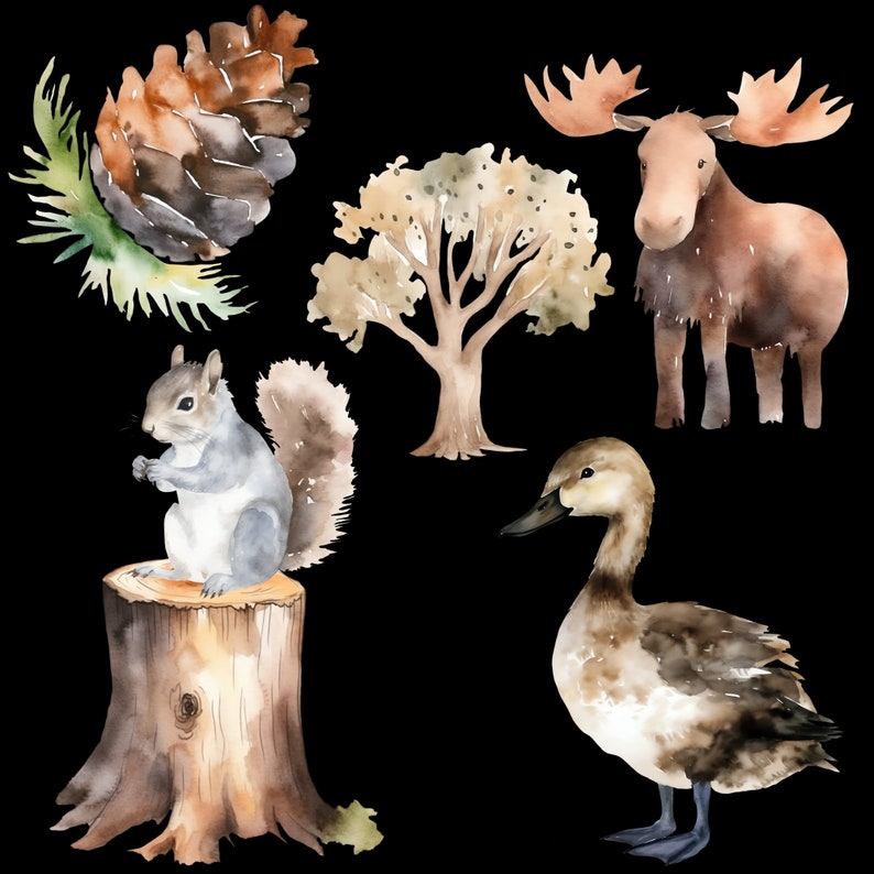 Aesthetically pleasing display of Woodland Clipart and Cute baby animals on a black background, perfect for Nursery Image files and Party Sublimation.