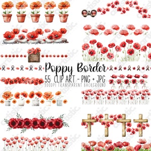 Bordure coquelicot clipart, cadres aquarelle coquelicot, 55 PNG, décoration commémorative et hommage, parfait pour une invitation et un collage