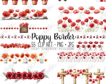 Vallmokant Clipart-paket: Akvarellramar Remembrance Day (PNG)