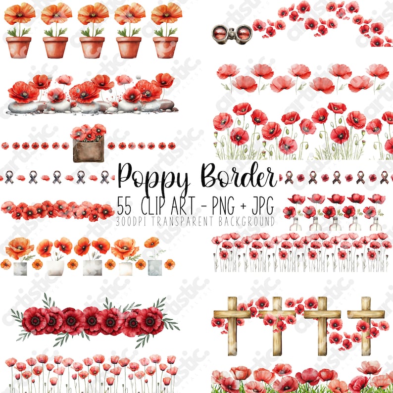 Poppy Border Clipart Bundle: Watercolor Frames Remembrance Day (PNG) - Etsy