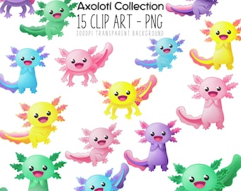Watercolor Axolotl Clipart: Cutecore PNG Bundle (Digital Download)