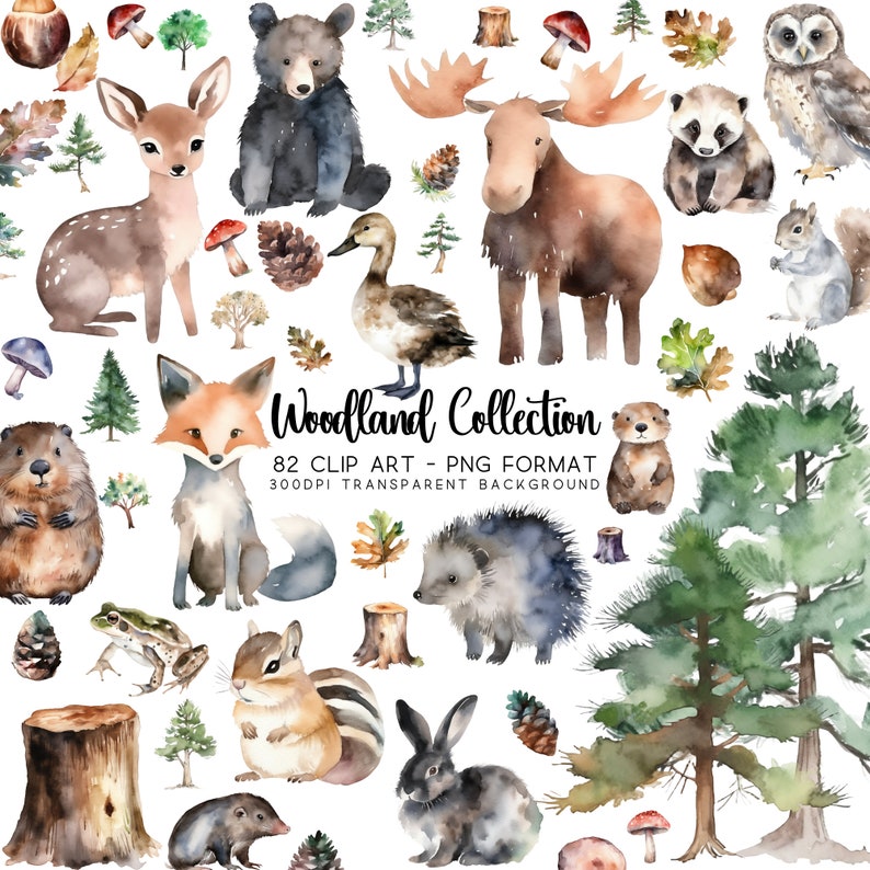 Woodland Clipart collage showcasing diverse Tree Clip art and Baby Clip art on a white background for Nursery Image files and Party Sublimation.