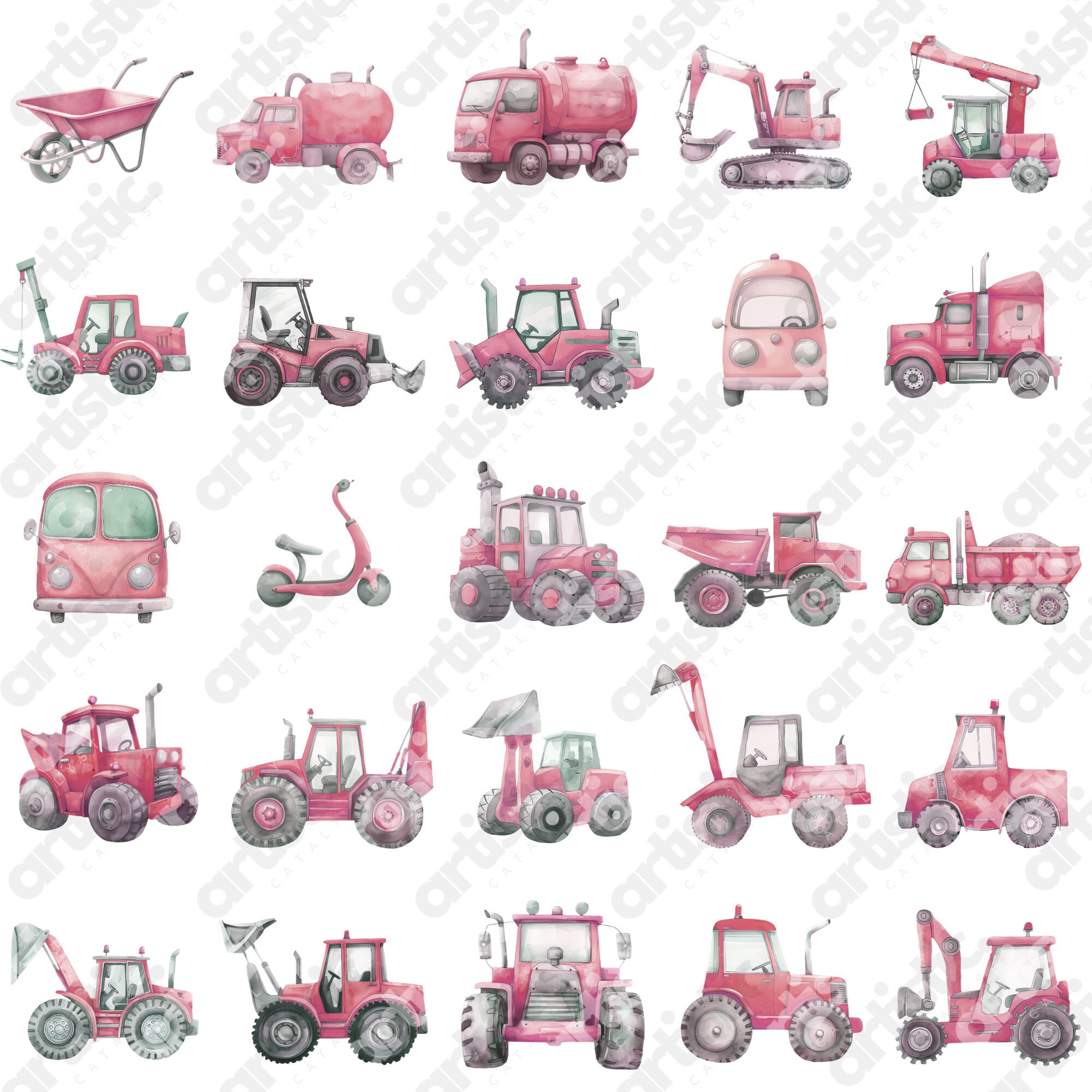 Pink Diggers Vector Pink Tractor Clipart and Construction Vehicles for Girls – Digger ...