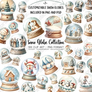 May include: A collection of 100 watercolour snow globe illustrations in PNG format. The snow globes feature various winter scenes, including a Christmas tree, a snowman, a gingerbread house, a reindeer, and a family of penguins. The illustrations are perfect for creating holiday cards, invitations, and other festive projects.