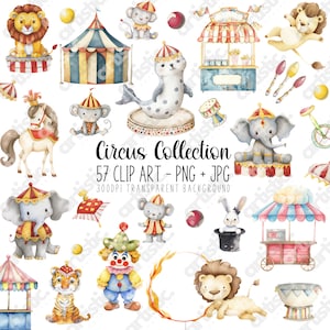 Zirkus Clipart Bundle, Aquarell Karneval Tiere und Charaktere, Big Top Zelt PNG Printables, perfekt für Geburtstags- & Lehrergeschenke