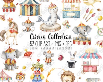 May include: A watercolor illustration set of 57 circus clip art images. The set includes a variety of animals, including a lion, elephant, tiger, monkey, seal, and horse. There are also circus performers, such as a clown, a ringmaster, and a juggler. The set also includes various circus props, such as a tent, a popcorn stand, a Ferris wheel, and a unicycle. The images are all in a whimsical and colorful style.