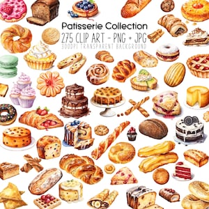 Patisserie Clipart Aquarell Bundle mit Gebäck Clipart für Handwerker, Partyplaner und Konditoreien. DIY Aufkleber, Etiketten und mehr.