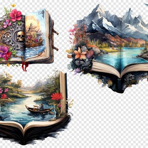 A creatively arranged collage of story books themed clipart images on a gray checkered transparent background, showing off the designs in a visually appealing way