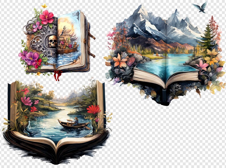 A creatively arranged collage of story books themed clipart images on a gray checkered transparent background, showing off the designs in a visually appealing way