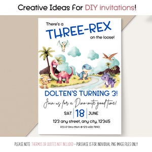 Editable birthday shower invite template featuring dinosaurs and customizable name/date fields.