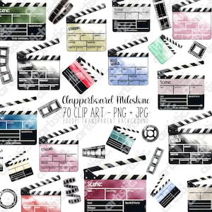 Clap clipart statistiques de naissance bébé jalon mensuel - aquarelle pellicule PNG, graphismes cinéma pour femme enceinte cadeau, travaux manuels
