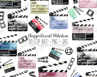 May include: A set of 70 watercolor-style clip art images of clapperboards in various colors. The clapperboards are decorated with film-related text and graphics, such as "Hello World" and "Starring". The images are 300 DPI and have a transparent background.