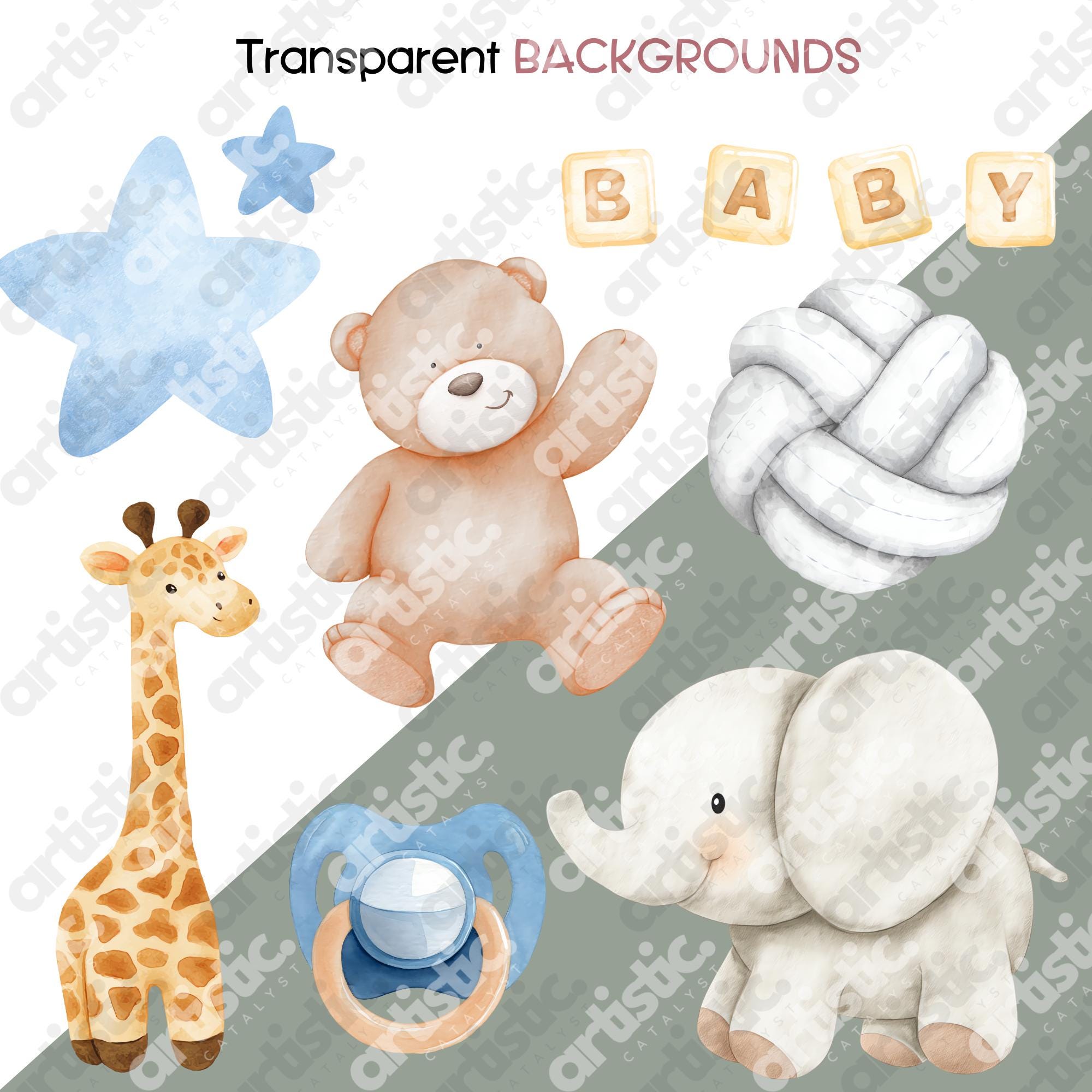 Blue Baby Shower Clipart Bundle: Watercolor PNG Prints (digital ...