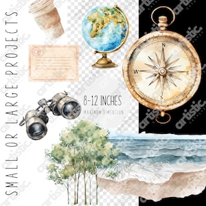 Boho-style travel essentials clipart, including hats and cameras, perfect for digital design.