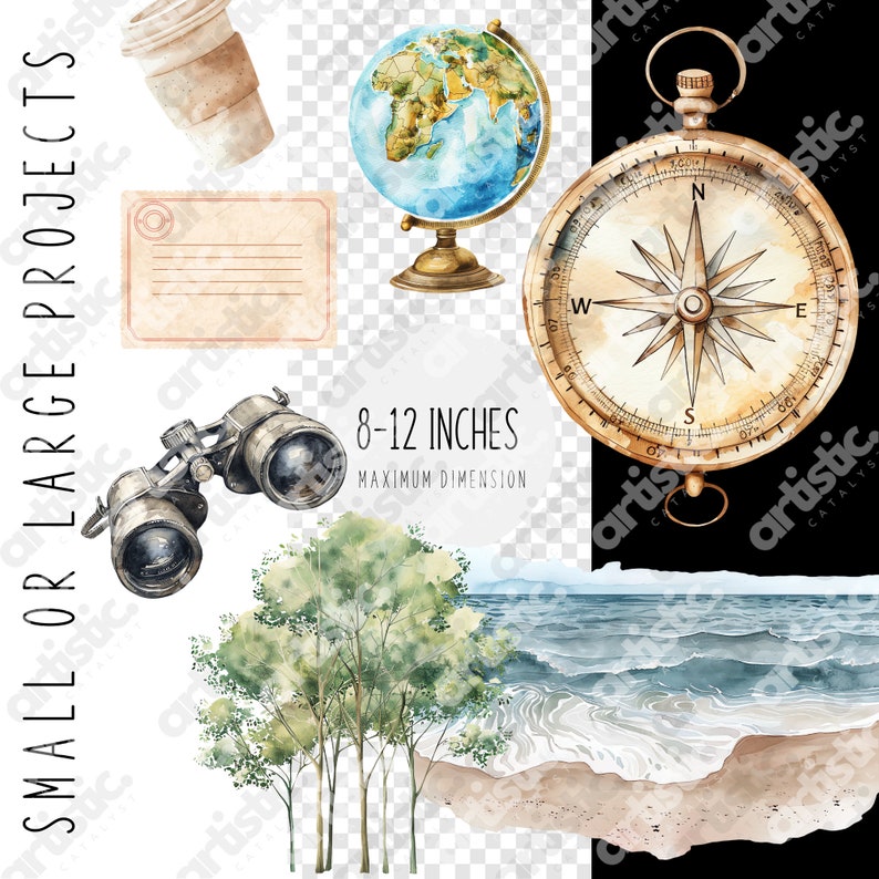Boho-style travel essentials clipart, including hats and cameras, perfect for digital design.