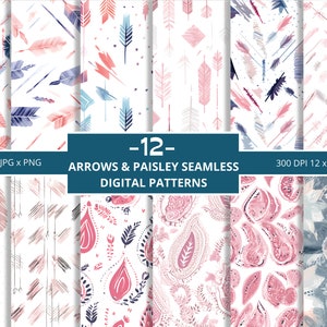 May include: Twelve digital seamless patterns featuring pink and blue arrows and paisley designs. The patterns are on a white background. -12- ARROWS & PAISLEY SEAMLESS DIGITAL PATTERNS 300 DPI 12 x 12 JPG x PNG