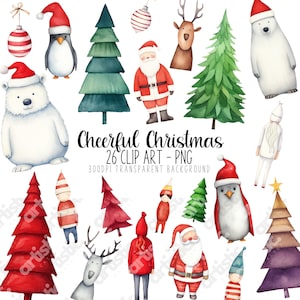 Kids Christmas Decor - Cute Santa PNG Watercolor Clipart Bundle with Reindeer, Snowman, and Holiday Graphics