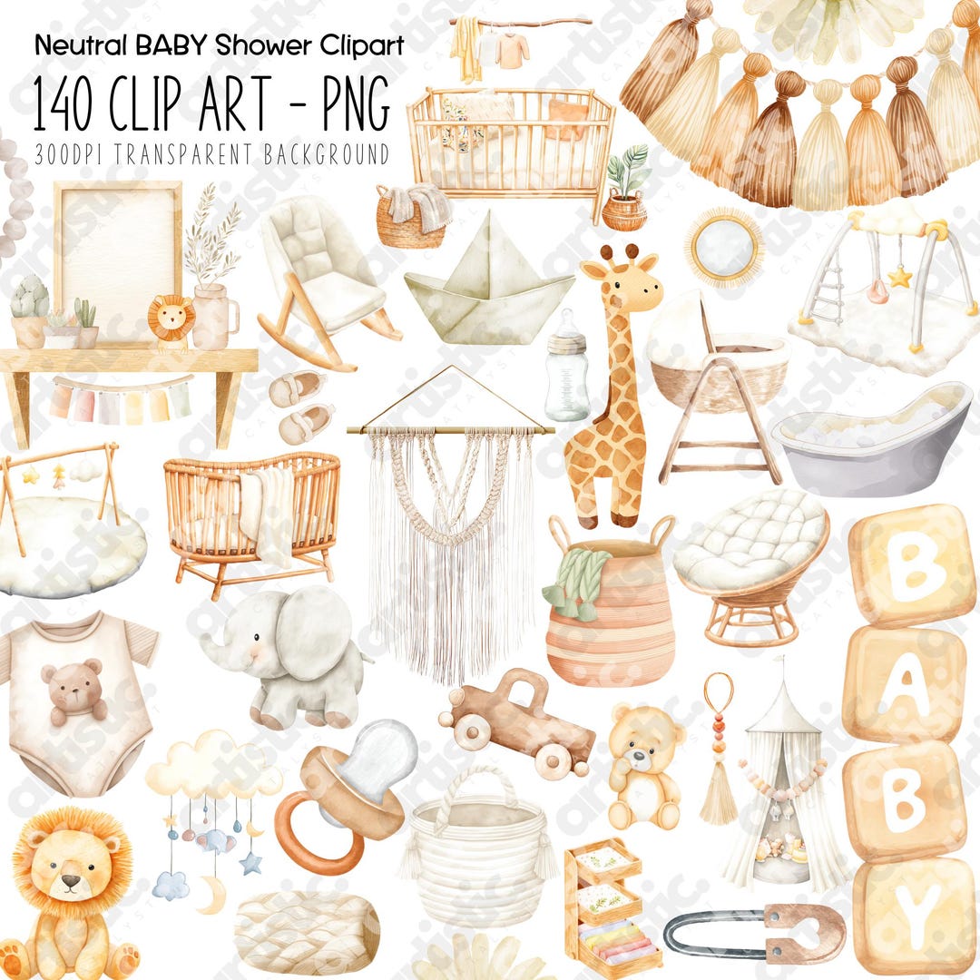 Neutral Baby Shower Clipart, Watercolor PNG Print Boho Baby Graphics ...